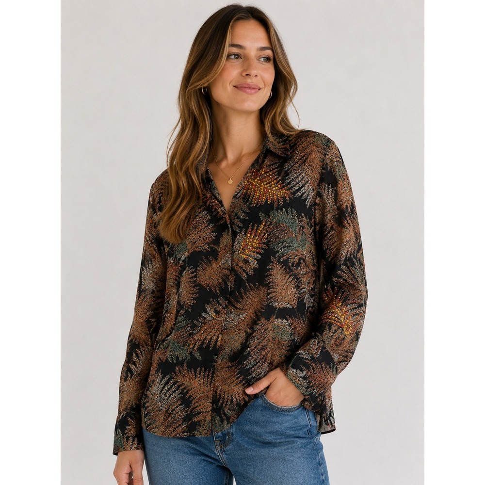 Kobi Halperin Cotton Silk Fern Print Embellished Blouse Brown Green Black M